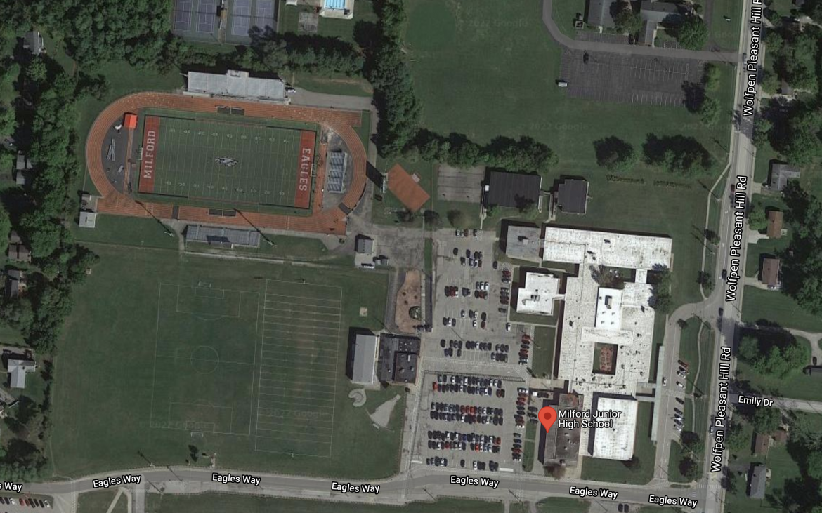 aerial view of Milford Junior High School, parking lot, and football field